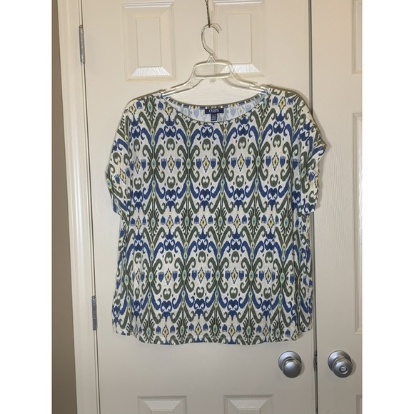 Chaps Denim Tops - Chaps Denim Top Women 3X Blue Green Ikat Damask Print Short Sleeve EUC